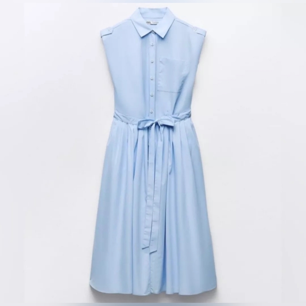 Zara Midi Blue Flared/Pleated Front Button Wrap Tie Waist Cotton Poplin Dress - Picture 3 of 12